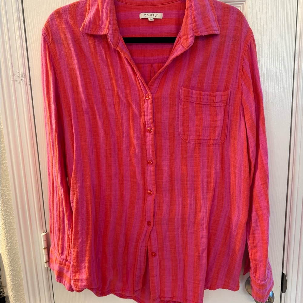 Z Supply Pink and Orange Striped Button-Up Shirt - Size Large